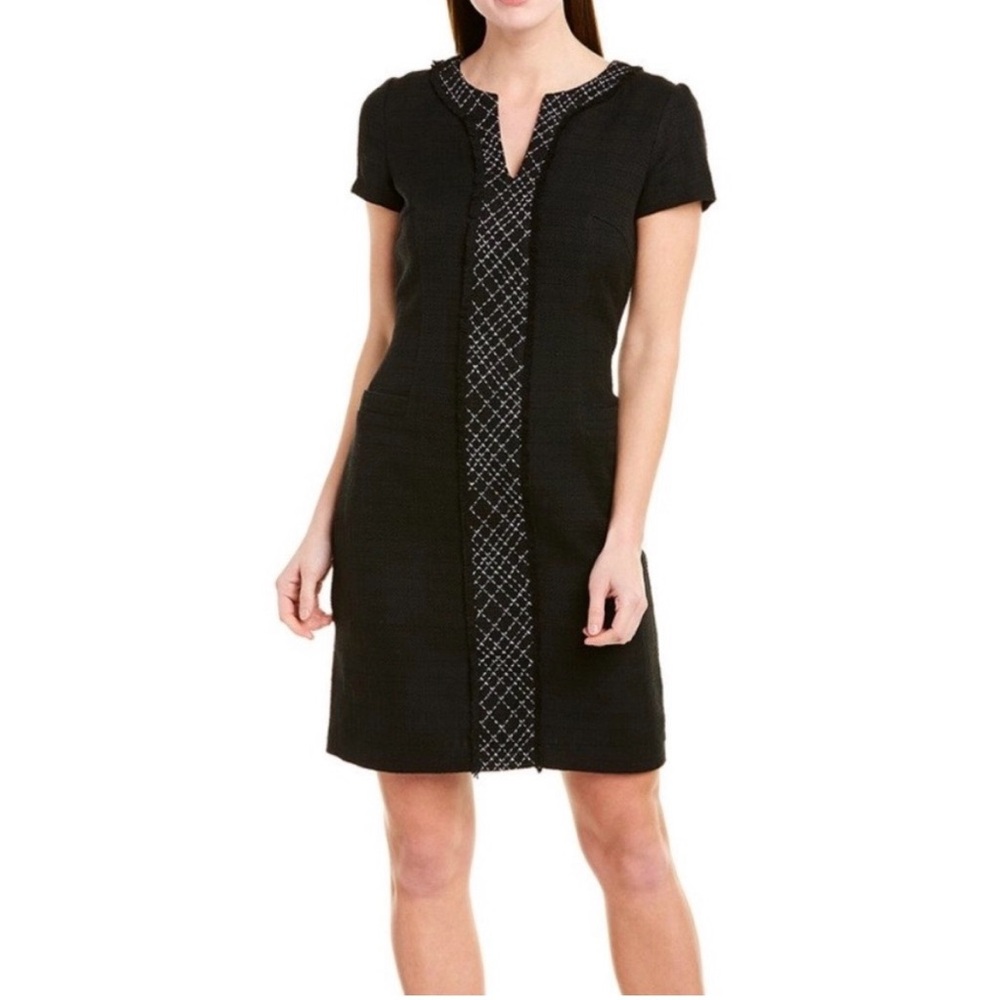 KARL LAGERFELD Career Paris Inspired Classic Black Boucle Fringe V-Neck Sheath 4